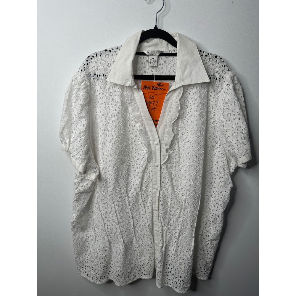 Nexx Woman White Eyelet Lace Ruffle Button Down Blouse Plus Size 2X Short Sleeve